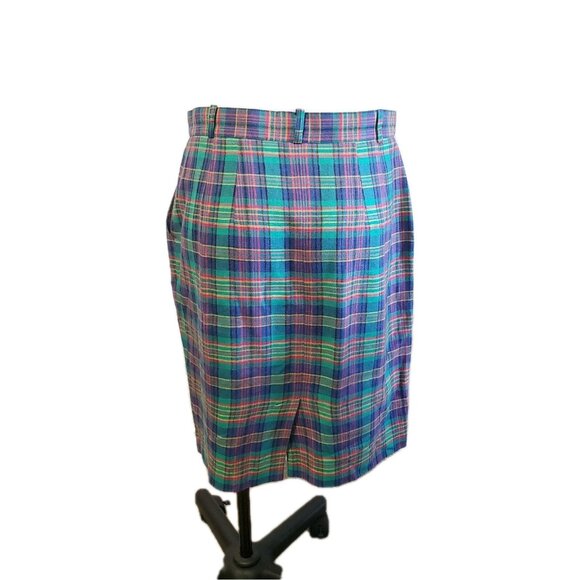Vintage 90s Talbots Size 14 Linen Green Blue Clueless Preppy Plaid Pencil Skirt - Picture 6 of 12